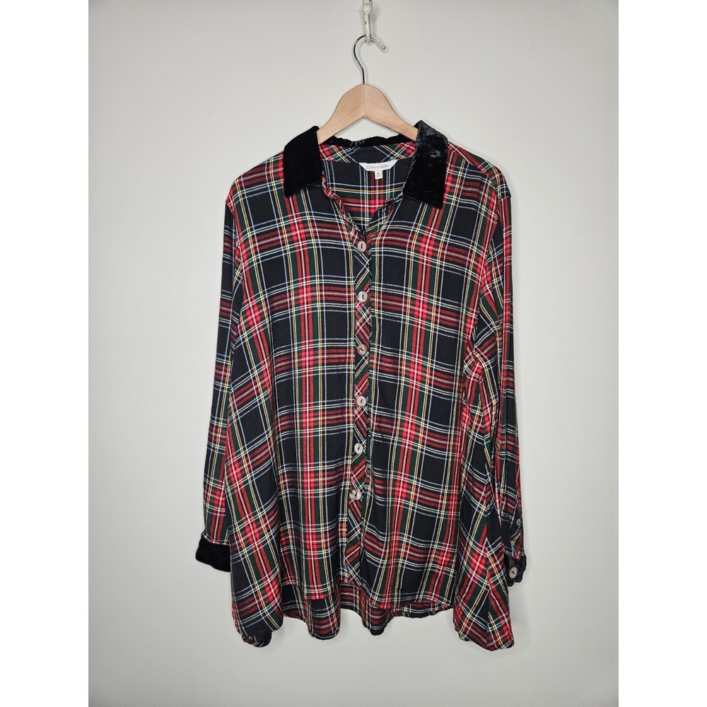 John Mark Blouse Women 1X Red Black Plaid Velvet Collar Lagenlook Preppy Classic